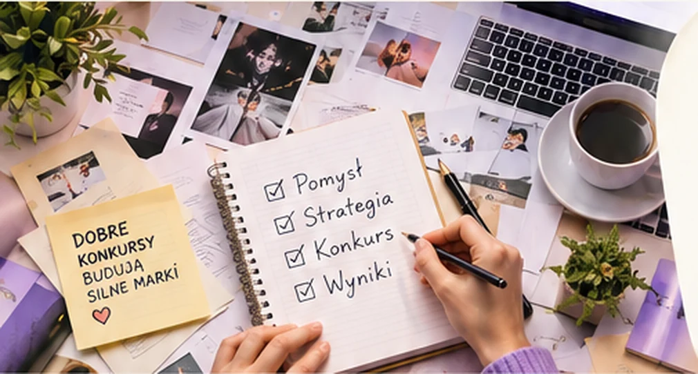 Planowanie kreatywnego konkursu: notatnik, strategia, pomysły i laptop